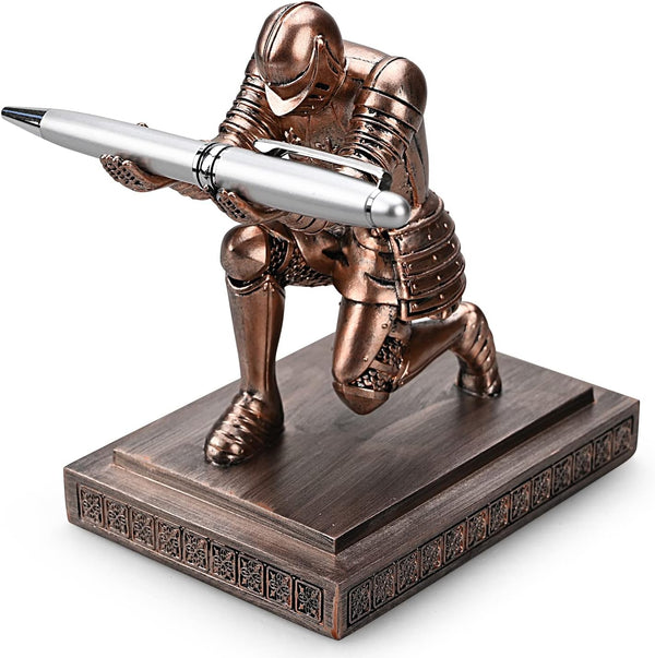 Knight Pen Holder Stand, Resin Desk Organizer with Fancy Pen Gift for Office and Home (Bronze)