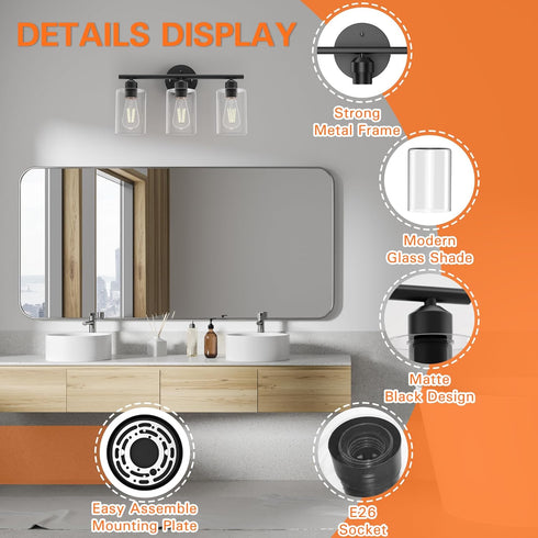 3 Espird Bathroom Vanity Light Fixtures Matte Black Bathroom Lighting Fixture, Lights Bathroom Light Fixture Over