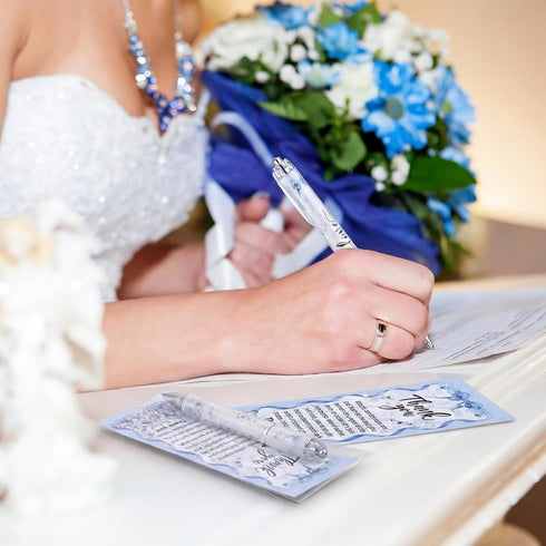 Sayglossy 50 Sets Blue Bridal Shower Bow Pens Wedding Thank You Gifts for Guests Blue White Floral Ballpoint Pens