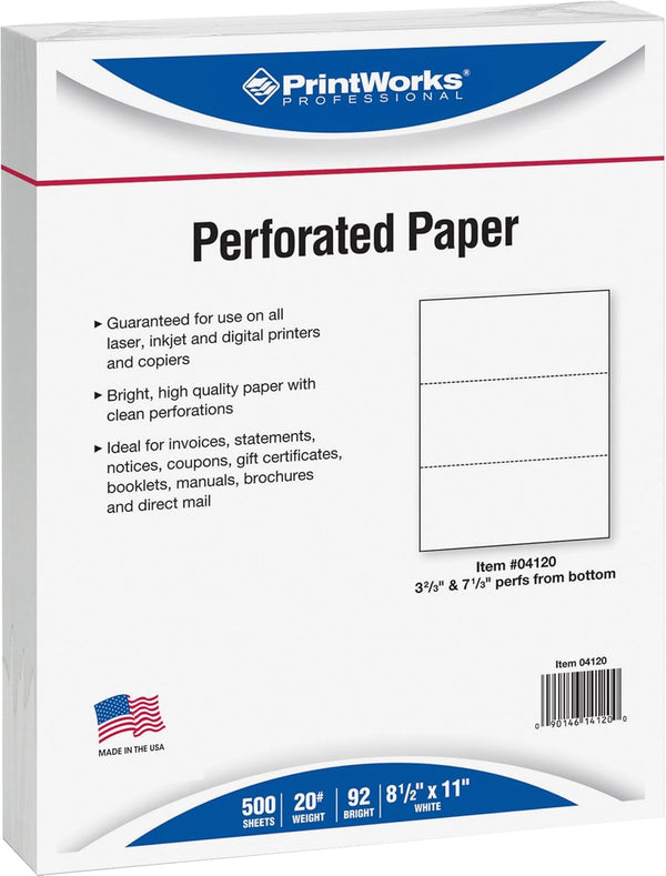 PrintWorks Professional Paper, 8.5 x 11, 20 lb, 500 Sheets, White with 2 Horizontal Perfs