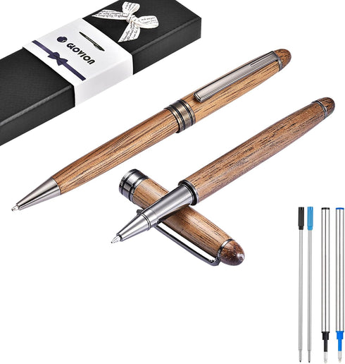 Wood Ballpoint Pen Set - 2 Pack, Fancy Wooden Pens and Rollerball Pen with 4 Extra Ink Refills