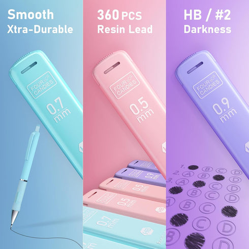 Four Candies Pastel Mechanical Pencil Set - 6PCS, 0.5 mm, 0.7 mm, 0.9 mm with 360PCS HB Lead Refills