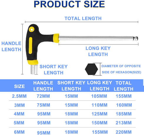 JONMON Bike Hex Key Allen Wrenches Set - 2.5/3/4/5/6mm Bicycle T-handle Long Arm Hex Key with Ball End Screwdriver Hand Tool for Bike Pedal Handlebar Disc Brake Mount Repair by JONMON