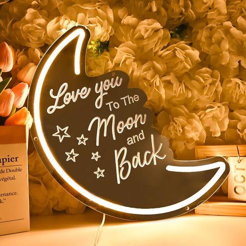 5V Dimmer 15.75 Britrio LED Moon Neon Light Sign, Love You To the Moon And Back Mirror Neon Wall Decor for Party Girls