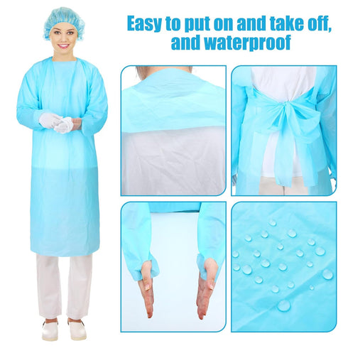 TrelaCo 30 Pack Disposable Isolation Gowns with Thumb Loops, X Large 46 Inch Waterproof CPE Gowns for Unisex Adults