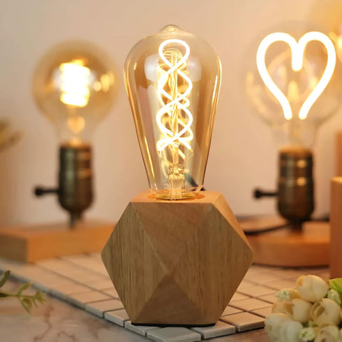 E26 60W Bulb) OuXean Small Wood Table Lamp, Bedside Lamp with Diamond Wooden Base Industrial Night Light Boho Deco