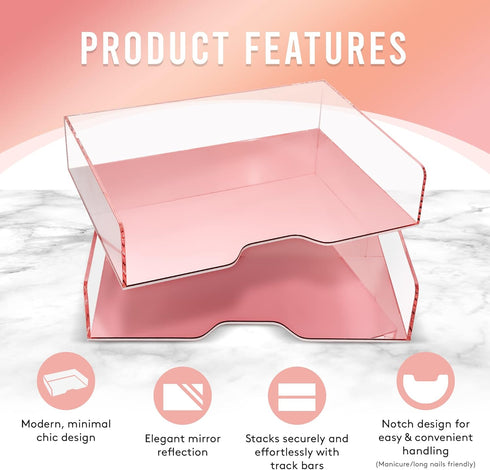 Rose Gold Mirror 2 Pack, Acrylic Stackable Letter Tray, Clear Paper Organizer for Office, Vanity, Desk Organization
