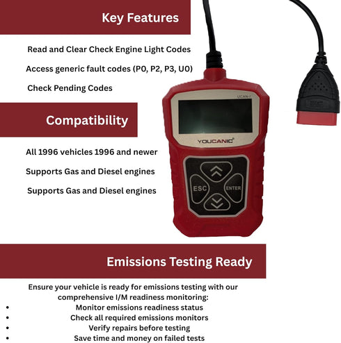 YOUCANIC OBD2 Scanner and Code Reader - Diagnose Check Engine Light, Emission Readiness, Turbo Issues - Universal