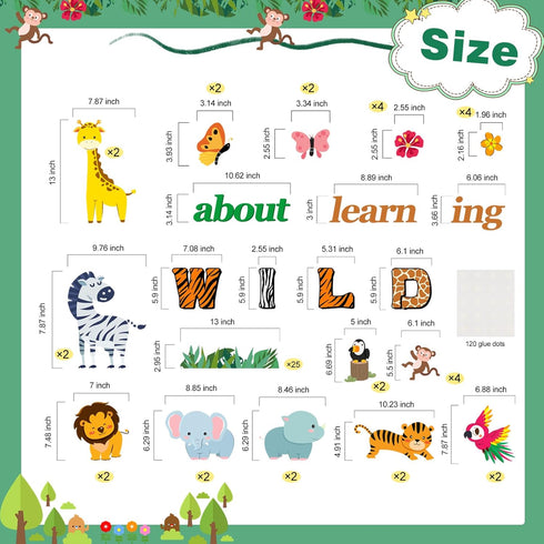 Jungle Animals Bulletin Board Decoration Set, Wild about Learning Cutouts for Kindergarten, Preschool, Elementary Decor
