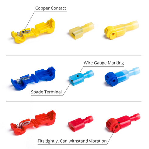 Wirefy T Tap Wire Connectors Kit - Electrical Connectors Kit - Spade Terminals - Quick Splice Disconnect Wire Taps - (120 PCS 22-10 AWG) | T Taps for Wiring Automotive and T Splice Wire Connectors