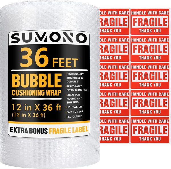 Sumono Bubble Cushioning Wrap Roll, 12 Inch x 36 Feet Perforated Bubble Roll with 10 Fragile Sticker Labels