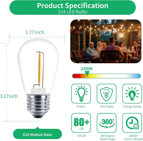 Meconard 30 Pack S14 Edison String Light Bulbs, 1 Watt Replacement for Outdoor String Lights, 2200K Warm White
