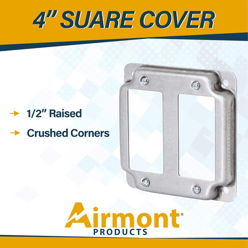 AP-12094 4" Square Double Decora Switch Electrical Box Cover, 1/2" Raised, Galvanized Steel, 2-Gang