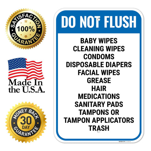 12x18 Inches, 55 Do Not Flush Baby Wipes Cleaning Wipes Condoms Disposable Diapers Facial Wipes Grease Hair Sign, mil