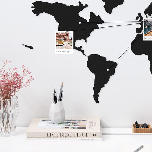 Navaris Cork Board World Map, Self-Adhesive Corkboard for Wall, 18 Cork Pieces and 10 Pins, Black