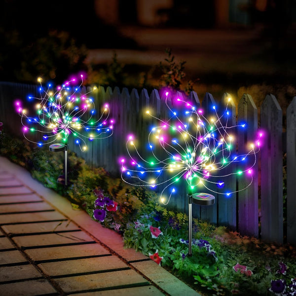 Solar Firework Lights Fairy Outdoor Decor, 2 Pack Waterproof LED Sparkler Lights for Yard Planters, Multi-Colored
