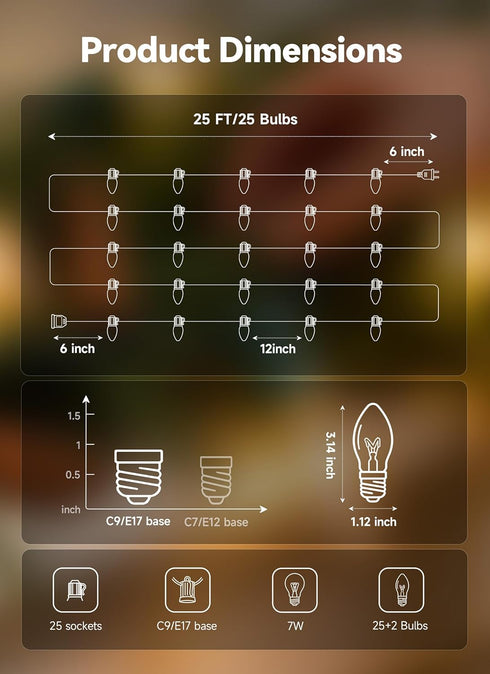 C9 25FT 25 Bulbs C9 Minetom Clear Christmas String Lights, Bright & Warm Outdoor Christmas Lights, Long Life String
