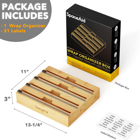 SpaceAid WrapNeat 4 in 1 Wrap Dispenser - Plastic Wrap, Aluminum Foil, Wax Paper Dispenser for Kitchen Drawer
