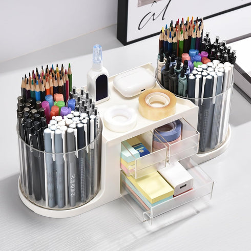 Rotating Desk Organizer with 2 Pen Holders, 10 Slots Pencil Holder, 3 Drawer Art Supply Storage Box Caddy for Office,