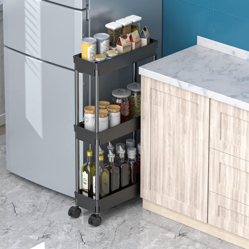 Sooyee 3 Tier Rolling Cart with Wheels, Slim Storage Organizer for Office, Bathroom, Kitchen, and Laundry Room, Black