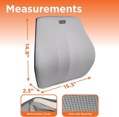 BLACK+DECKER Memory Foam Lumbar Support Pillow, Lumbar Cushion for Office, Car, Wheelchair & Airplane Adjustable Strap