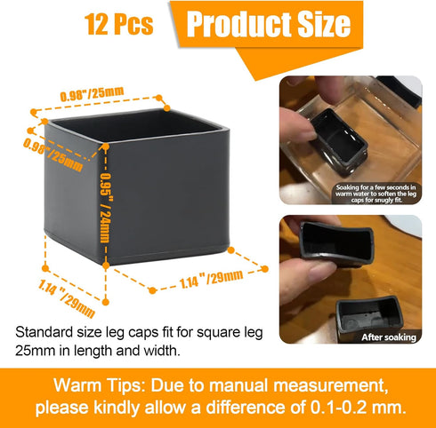 suiwotin 12PCS 1 Inch 1 Inch Square Rubber Furniture Leg Caps x Square Chair Leg Caps Covers Black Furniture Foot Table