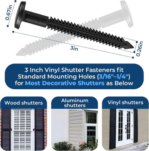 60 3 Inch Pcs Vinyl Shutter Fasteners Heavy-Duty Shutter Loks for Exterior Decorative Shutters, UV-Resistant