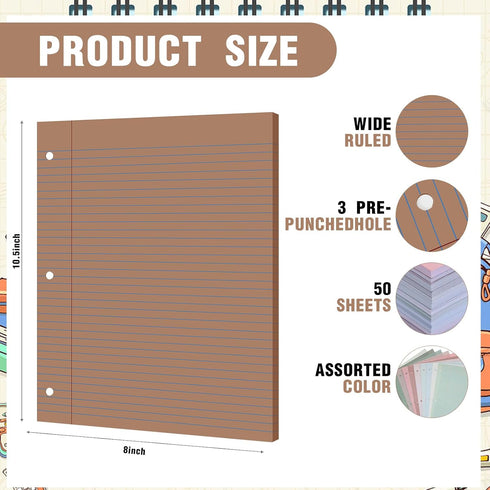 PerKoop 12 Pack Lined Paper, 600 Sheets Wide Ruled 8 x 10.5 Inch, 3 Hole Punched Notebook Paper