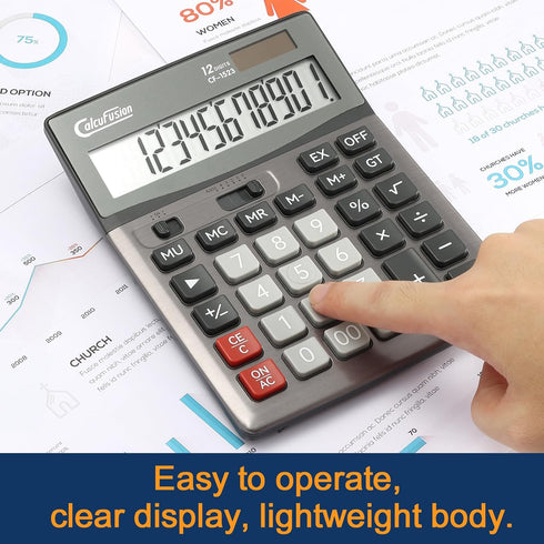 Desktop Calculator 12 Digit with Large LCD Display, Basic Solar Calculator with Battery for Office School Home CF-1523