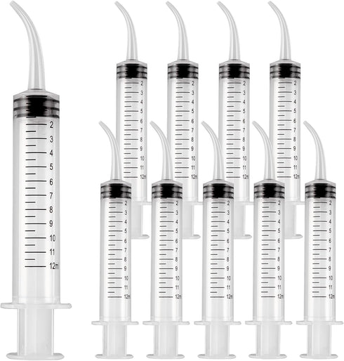 JMU 10 Pcs Dental Irrigation Syringe with Curved Tip, 12cc Wisdom Teeth Syringe for Dental Care Lab