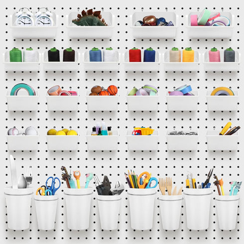 Roowest 60 Pcs Pegboard Cups Set, Wall Organizer with Hooks and Loops for Office Storage, Garage, Craft Workshop, White