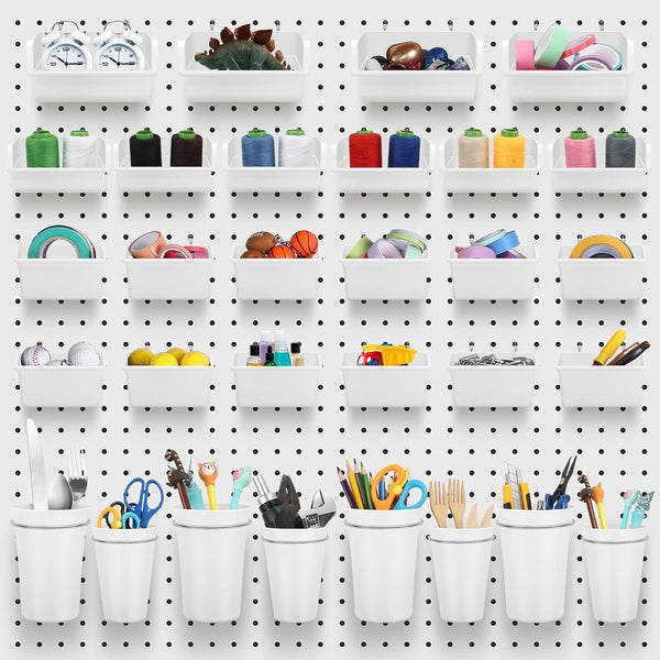 Roowest 60 Pcs Pegboard Cups Set, Wall Organizer with Hooks and Loops for Office Storage, Garage, Craft Workshop, White