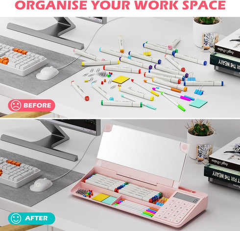 Desktop Glass Whiteboard with Mirror & Calculator (12 Digit LCD Display) & Ruler Marker, Tilted Keyboard Stand, Pink