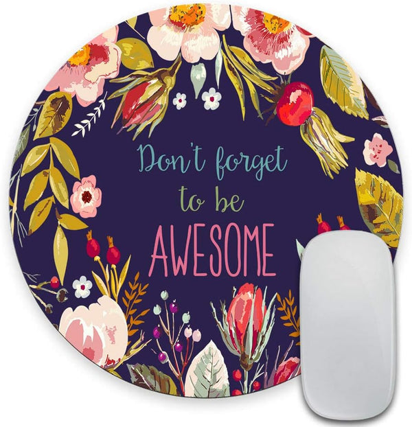 SSOIU Vintage Colorful Hand Drawn Floral Wreath Art - Navy Blue Round Mouse Pad with Inspirational Quotes
