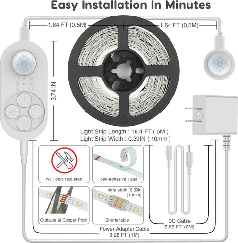 Dimmer 3000K 16.4FT Dual Motion Sensor Light Indoor - Plug-in Motion Activated Step Stair LED Strip with Double