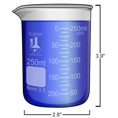 Karter Scientific 214T2 Glass Beaker Set - 3.3 Boro, Griffin Low Form, 4 Sizes: 10ml, 50ml, 100ml, 250ml