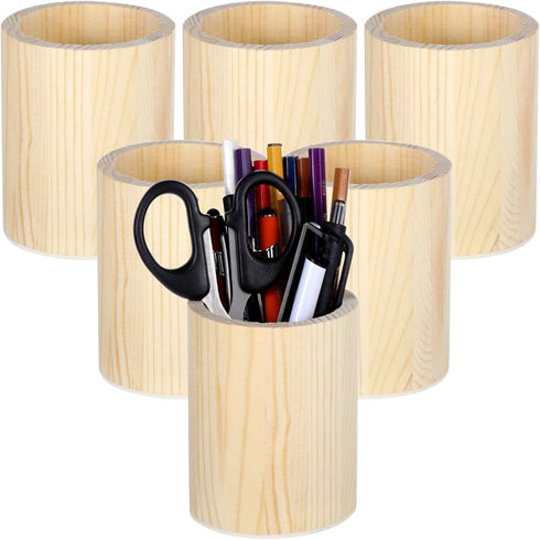 yeeplant Set Of 6 Cylindrical Wooden Pen Holders, Unfinished Natural Wood Desk Organizer