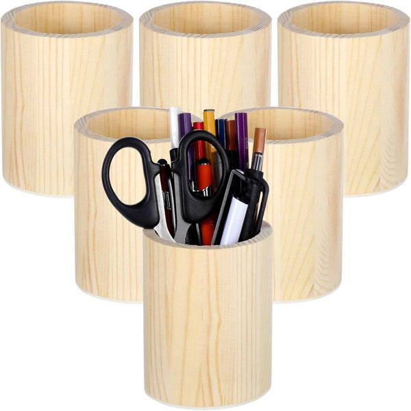 Chewtoyo Set Of 6 Round Wooden Desk Organizers, Unfinished Natural Wood Holders For