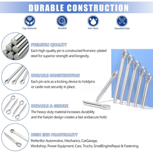 Cotter Pin Assortment, 400PCS Zinc Plated Steel Hairpin Cotter Pins, Split Pin Fastener Clips for Castle Nuts
