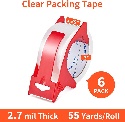JARLINK 6 Rolls Clear Packing Tape with Dispenser, Heavy Duty Packaging Tape Refills for Shipping Packaging Mailing, 2.7mil Thick, 1.88 inches Wide, 55 Yards Per Roll, 330 Total Yards by JARLINK