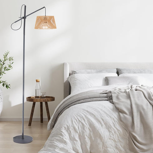 3 2700K-6500K Dimmable Bulb Arc Floor Lamp with Remote, Boho Floor Lamp with Color Temperatures, Rattan Standing Lamp