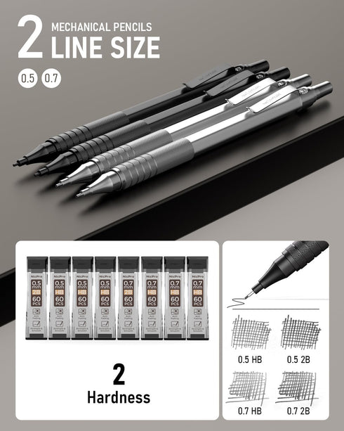 Nicpro 4 Pack Metal Mechanical Pencil Set 0.5 mm & 0.7mm with Case, Artist Pencil MP1000 with 8 Tubes HB & 2B Lead Refill, 3 Eraser, 9 Eraser Refill For Art Writing Drafting Drawing,Black & Silver by Nicpro
