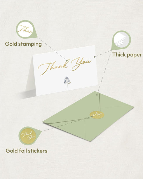 50 Pack 4x6 Inches, MAOBUYOU Floral Thank You Cards with Envelopes, Bulk Greeting Cards Green Envelopes