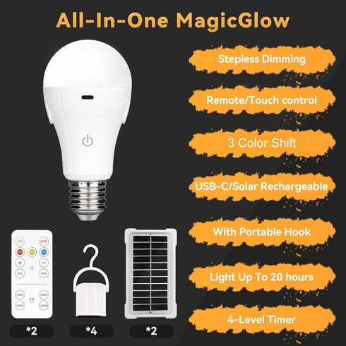 Neporal MagicGlow Rechargeable Solar Light Bulbs with Remote, USB+Solar Rechargeable Bulbs,3 Colors Shift + Dimmable Battery Light Bulb, A19 Emergency LED Light Bulbs, 15W, Up to 24 Hours, 2 Pack by Neporal
