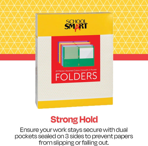 School Smart Smooth 2-Pocket Folder with Fasteners, Assorted Colors, Pack of 25