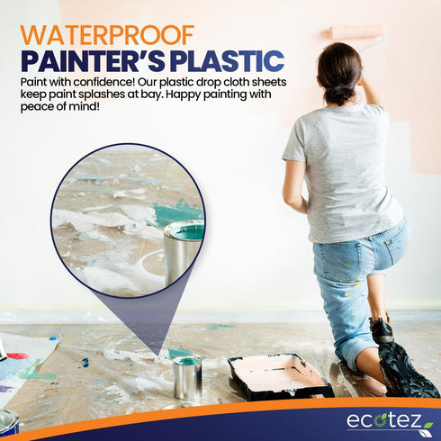 6 Pack 12 x 9 ft Extra Large Painter s Plastic Drop Cloth, Light & Durable Dust Cover, Plastic Floor Protector