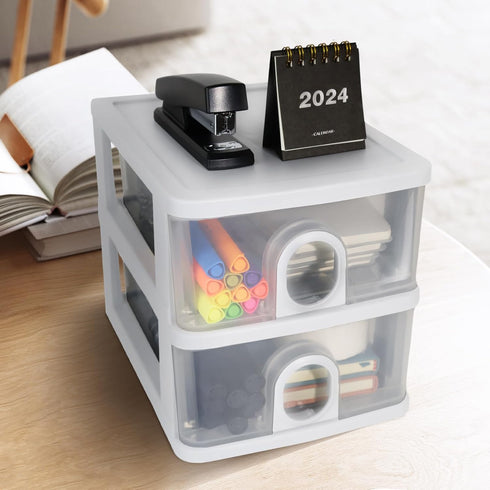 Desktop Storage Drawers Organizer with 2 Drawers, Clear Small Plastic Storage for Crafts and Office Supplies
