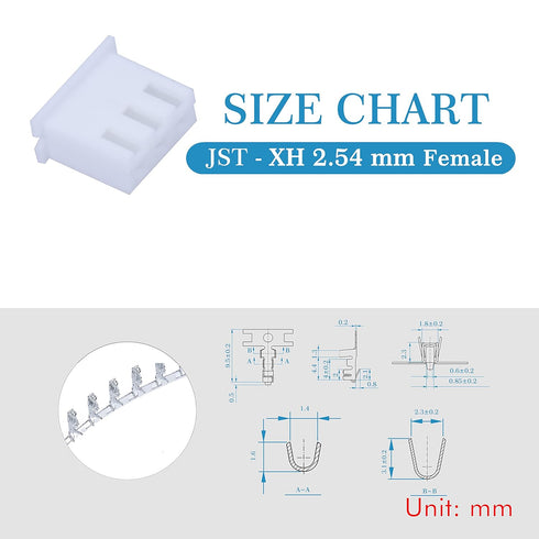 JST XH 2.54 mm Pitch 3-Pin Connector Kit, 50 Sets/250 Pieces Male Plugs, Female Sockets, T-Shaped Crimp Terminal