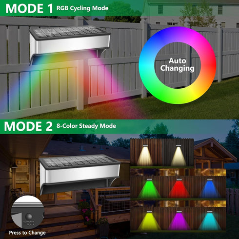 9 IP65 (2 Packs) Solar Fence Lights Outdoor,Step Lights Solar Powered with Lighting Options, Waterproof, Deck Light