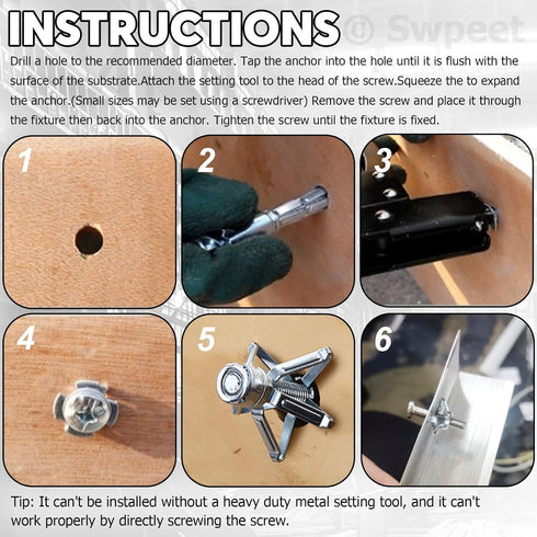 Swpeet 62Pcs M4 M5 M6 Jack Nuts with Long Needle Nose Pliers and Phillips Insert Bit for Hollow Wall Fixings